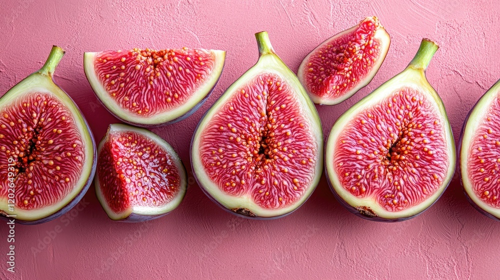 A vibrant display of fresh figs, showcasing their juicy, pink interior against a soft pink background. A vibrant display of fresh figs, showcasing their juicy, pink interior against a soft pink background.