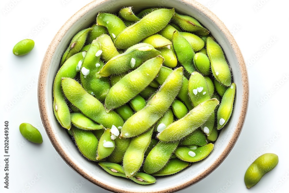Healthy and Fresh Edamame Beans Lightly Salted in Ceramic Bowl on White Background : Generative AI Healthy and Fresh Edamame Beans Lightly Salted in Ceramic Bowl on White Background : Generative AI