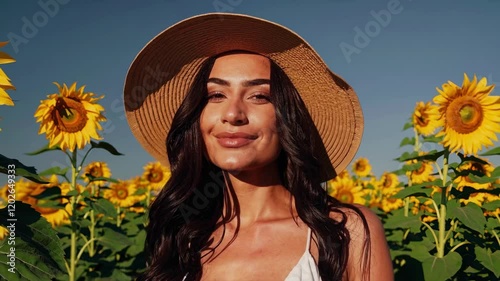 Loop Of Latina Woman Smiling In Sunflower Field, Joyful Nature Scene Looping Video 4K