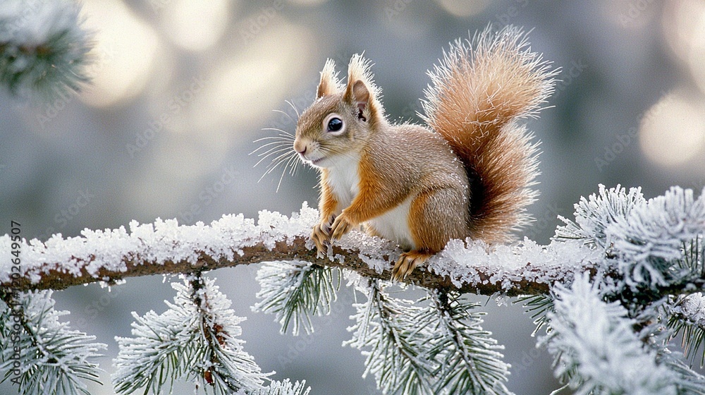 A squirrel perches on a frozen pine tree branch, gazing into the lens A squirrel perches on a frozen pine tree branch, gazing into the lens