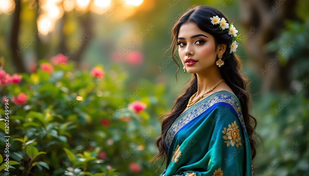 Elegant Woman in Teal Saree: A Serene Garden Portrait Elegant Woman in Teal Saree: A Serene Garden Portrait