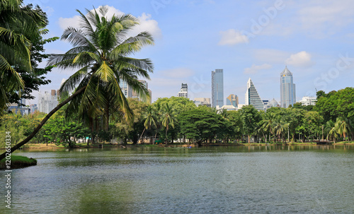 Lumphini Park with skyscrapers on the background in Bangkok, Thailand photo