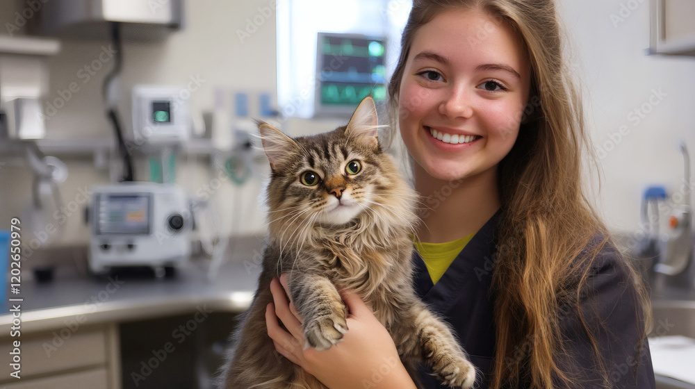 Veterinarian Technician Holding a Fluffy Cat in a Veterinary Clinic Veterinarian Technician Holding a Fluffy Cat in a Veterinary Clinic