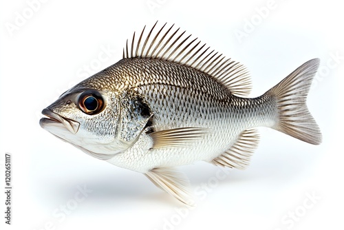 Detailed Closeup of a Silver Fish with Prominent Fins Against White Background : Generative AI photo