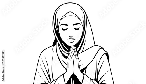 notion style, Muslim woman praying with hands clasped in prayer. Vector illustration.