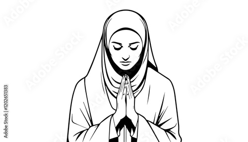 Muslim woman prays with her hands clasped together. Vector illustration.