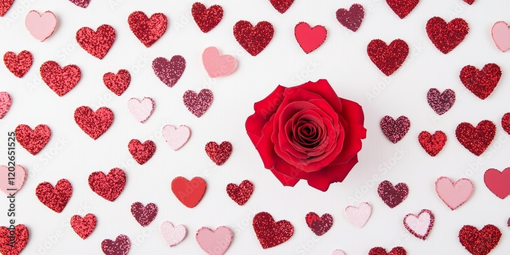 Vibrant red rose surrounded by assorted heart shapes for celebration or romantic occasion Vibrant red rose surrounded by assorted heart shapes for celebration or romantic occasion