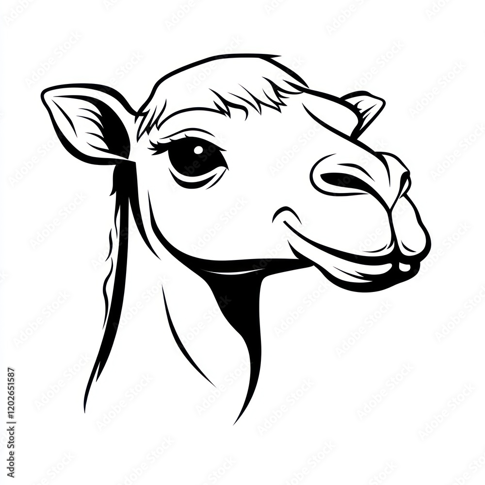Camel head, isolated, black and white line art, for print or graphic design use Camel head, isolated, black and white line art, for print or graphic design use