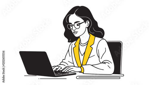 Illustration of a woman working on a laptop computer. Vector illustration