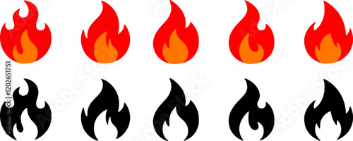 Fire icon collection. Fire flame symbol. Bonfire silhouette logotype. Flames symbols set flat style - stock.
