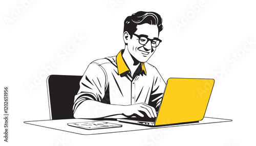 Vector illustration of a young man working on laptop computer at home.