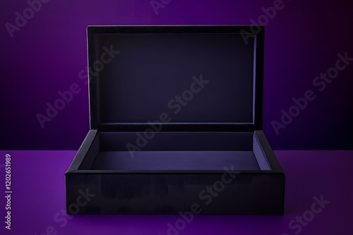 A sleek, open, black velvet jewelry box with an empty center, lit from the side to create subtle depth and shadows. The background features a soft gradient of rich purple and gold