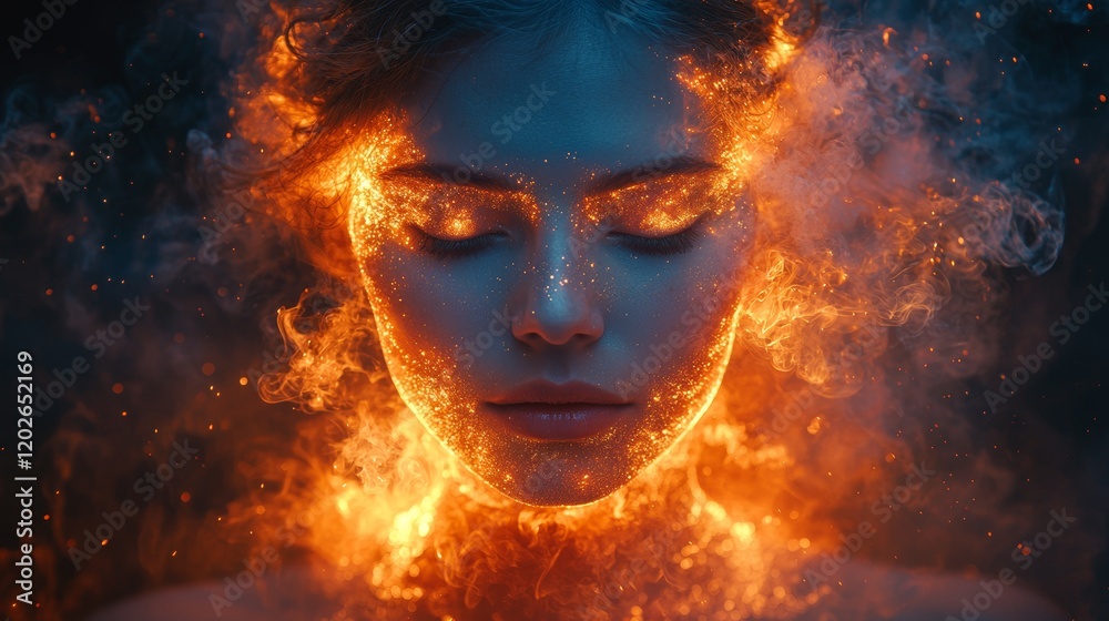 Fiery portrait of a woman with a glowing aura