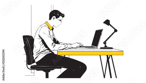 Man working at the computer. Vector illustration in sketch style