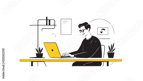 notion style black, Vector illustration of a young man working on a laptop in the office