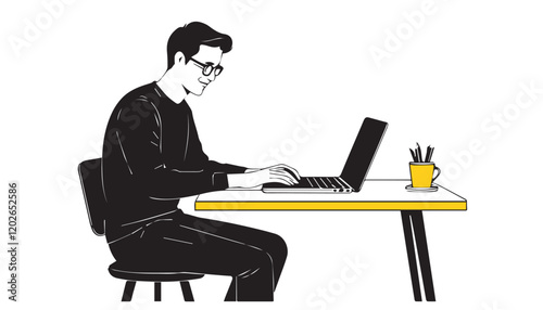 Illustration of a young man working on a laptop at home.