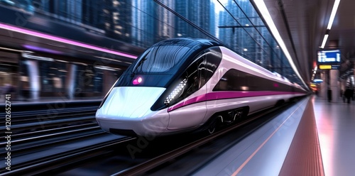 Dynamic train image: high-speed motion, modern design, sleek structure, advanced engineering, rapid transit, streamlined innovation, futuristic concept, swift movement, technological progress.