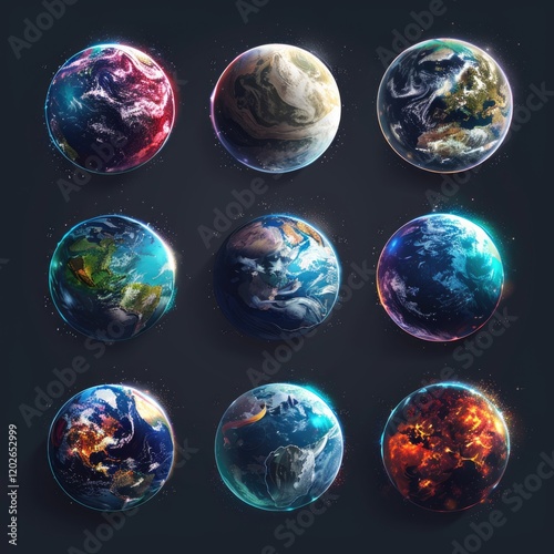 Nine artistic depictions of Earth, showcasing diverse colors and textures, possibly representing different time periods or scenarios.