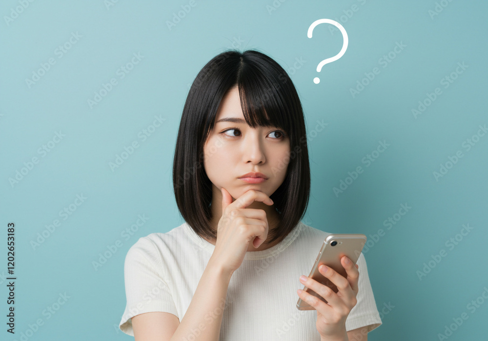 スマホを持って考える若い女性、悩む、クエスチョンマーク、はてな、疑問符