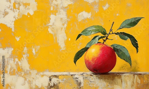 Peach on yellow wall still life photo