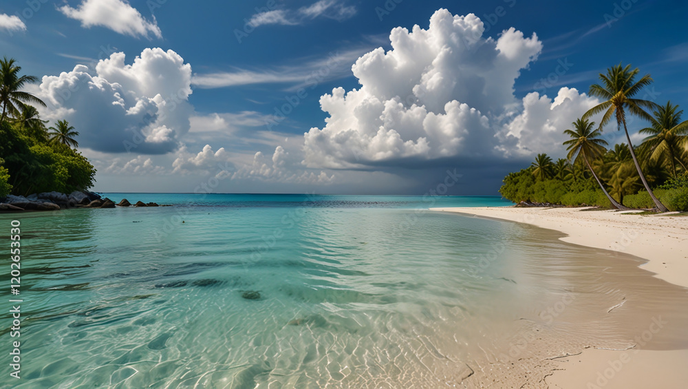 Fototapeta premium illustration of a beach with beautiful coconut trees
