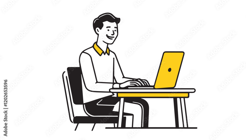 Young man working on laptop at home. Vector illustration in flat style Young man working on laptop at home. Vector illustration in flat style