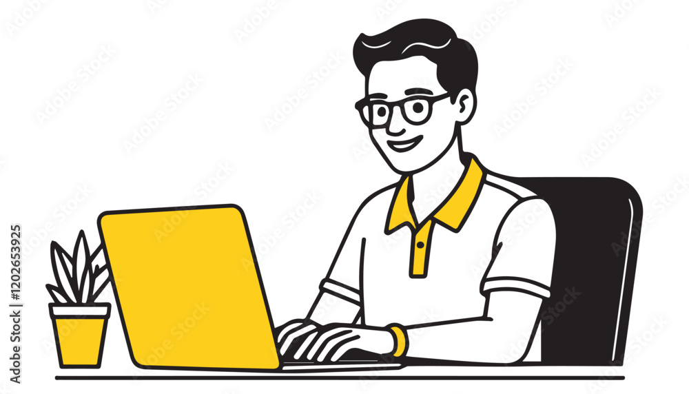 Man working at the computer. Vector illustration in a flat style. Man working at the computer. Vector illustration in a flat style.
