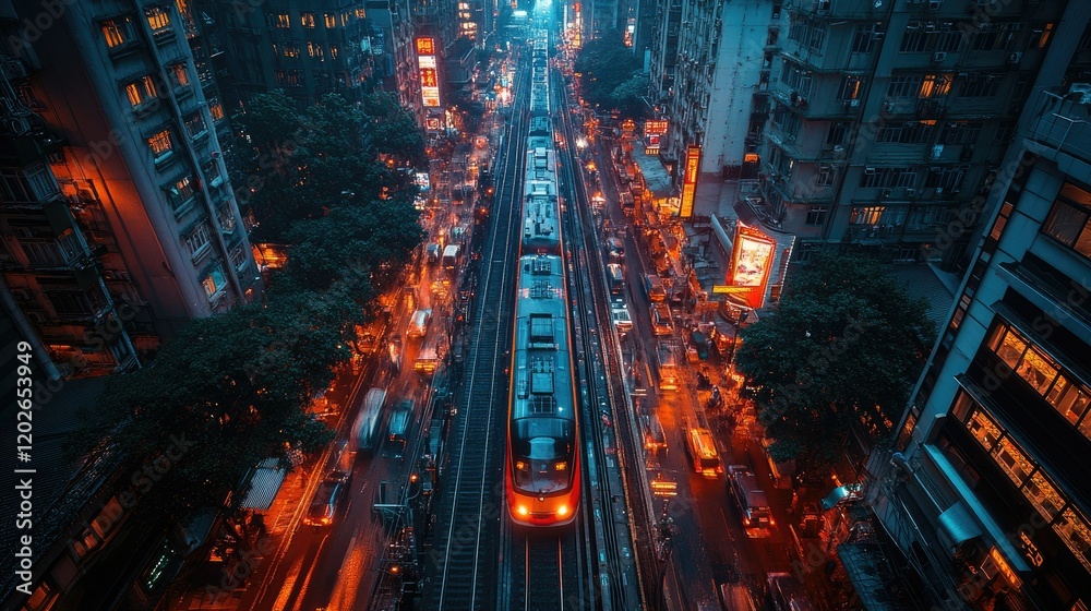 Obraz premium A vibrant urban scene featuring a train on tracks amidst bustling city life and neon lights.