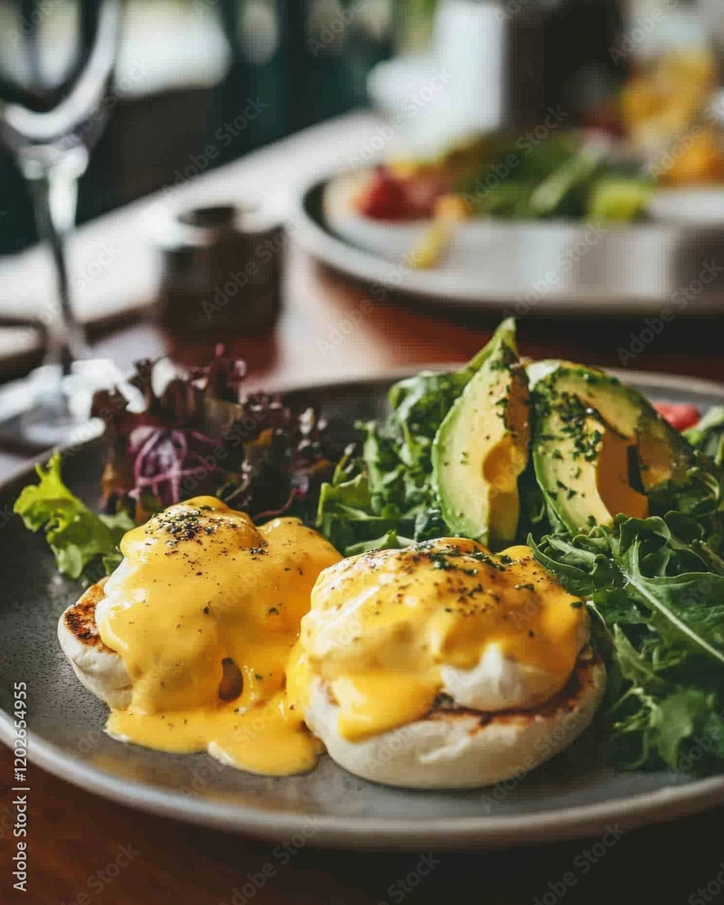 A cozy brunch setting with low-carb dishes, featuring eggs Benedict, avocado