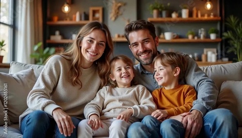 Family portrait with mom, dad, and kids on sofa, warm modern living room