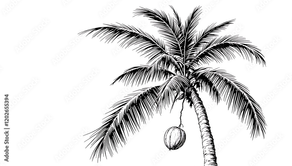 Obraz premium Elegant Palm Tree Sketch: Detailed Coconut and Fronds in Black and White