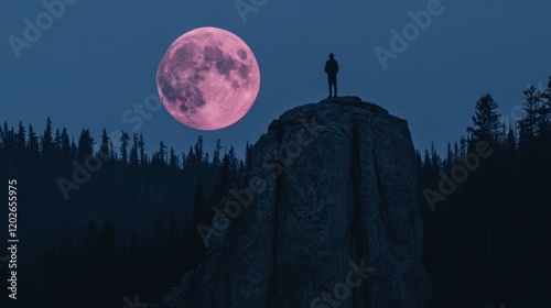 Hiker perched on a rock, gazing at the giant pink supermoon hanging over an evergreen forest at night.