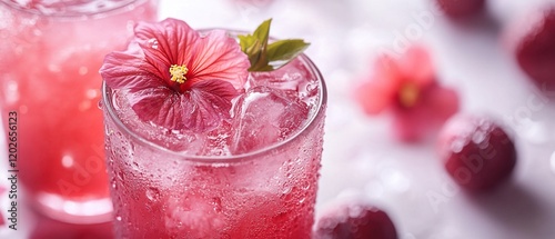 Pink Drink with Flower Garnish on Ice photo