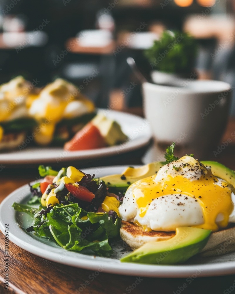 A cozy brunch setting with low-carb dishes, featuring eggs Benedict, avocado A cozy brunch setting with low-carb dishes, featuring eggs Benedict, avocado