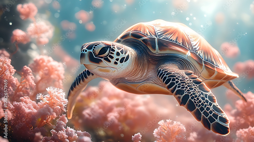 Fototapeta premium Sea turtle swims coral reef sunlight ocean