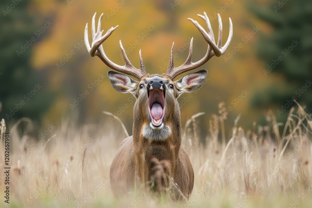 Obraz premium Majestic white-tailed buck with large antlers, mouth wide open in a dramatic display. Perfect for wildlife, nature, and hunting themes, evokes power and wildness.