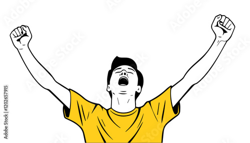excited man in white t-shirt with raised arms isolated on white background. notion style illustration