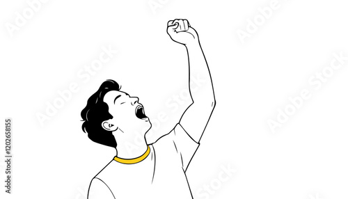Young man raising his fist. Vector illustration on a white background.