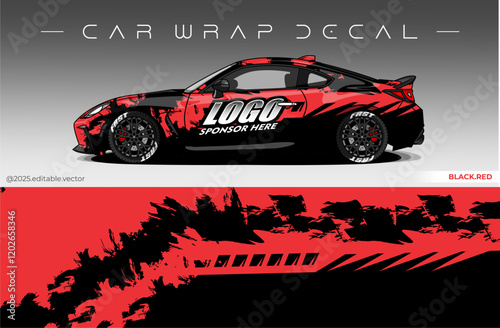 Car Wrap Design. Livery decal car vector with black red colour. Sticker full body car suitable for racing, rally and daily use
