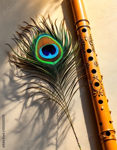 Ornate Bamboo Flute and Vibrant Peacock Feather: A Sunlit Artistic Still Life