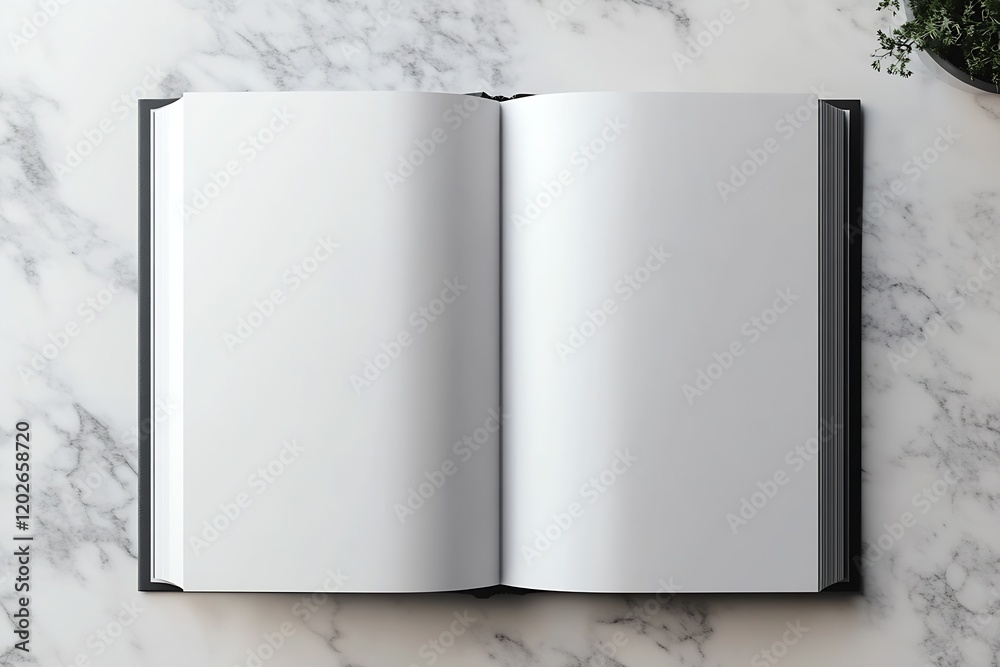 Open Blank Book with White Pages on Marble Table with Plant for Modern Study and Writing : Generative AI Open Blank Book with White Pages on Marble Table with Plant for Modern Study and Writing : Generative AI