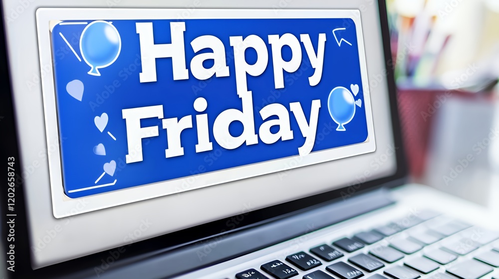 Happy Friday! Celebrate the end of the work week with this cheerful laptop screen displaying a festive message and graphics. Happy Friday! Celebrate the end of the work week with this cheerful laptop screen displaying a festive message and graphics.