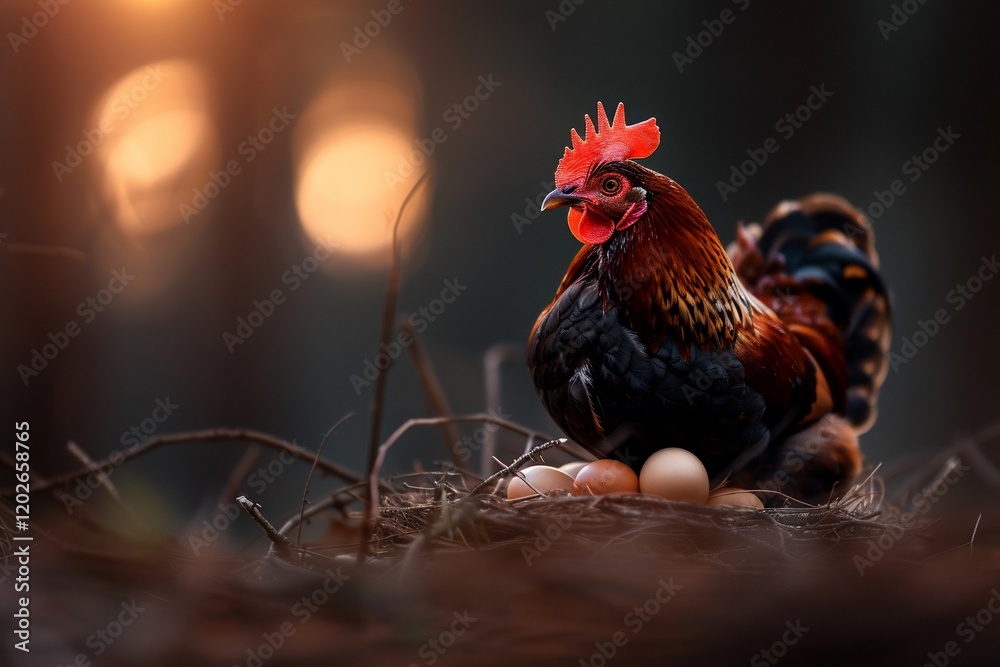 Fototapeta premium Rooster guarding eggs at sunset, forest background