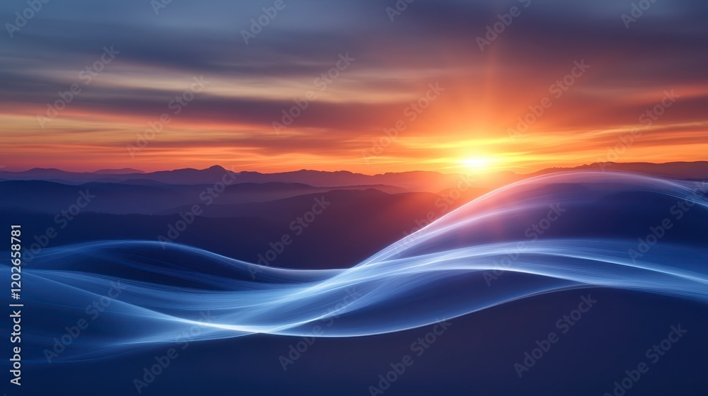 Serene Sunset Landscape with Abstract Light Waves Over Mountains Serene Sunset Landscape with Abstract Light Waves Over Mountains