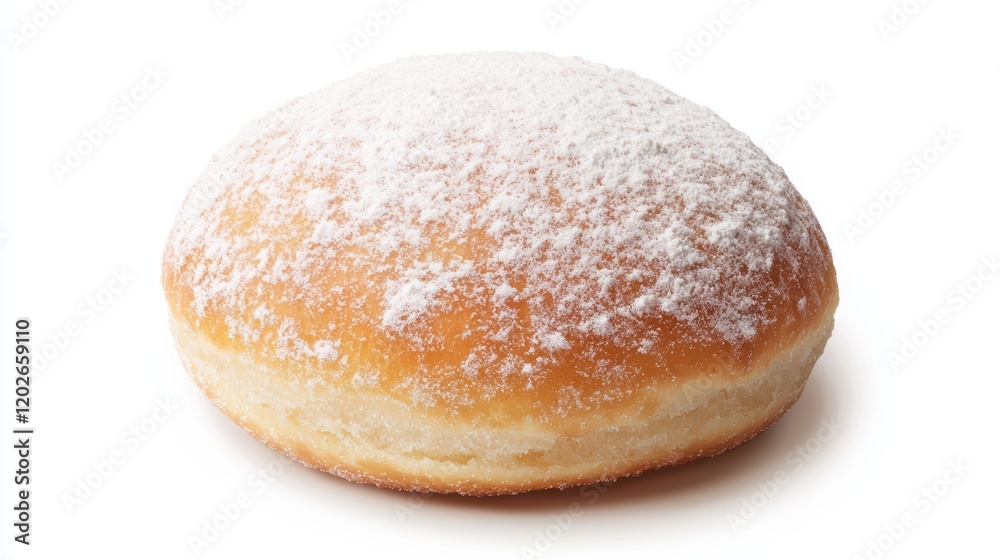 A soft, round doughnut dusted with powdered sugar, showcasing a golden-brown exterior and a fluffy interior, perfect for a sweet treat. A soft, round doughnut dusted with powdered sugar, showcasing a golden-brown exterior and a fluffy interior, perfect for a sweet treat.