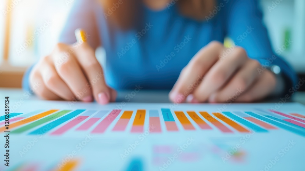 A person analyzing colorful data charts on a desk, focusing on trends and metrics, with a warm light illuminating the workspace. A person analyzing colorful data charts on a desk, focusing on trends and metrics, with a warm light illuminating the workspace.