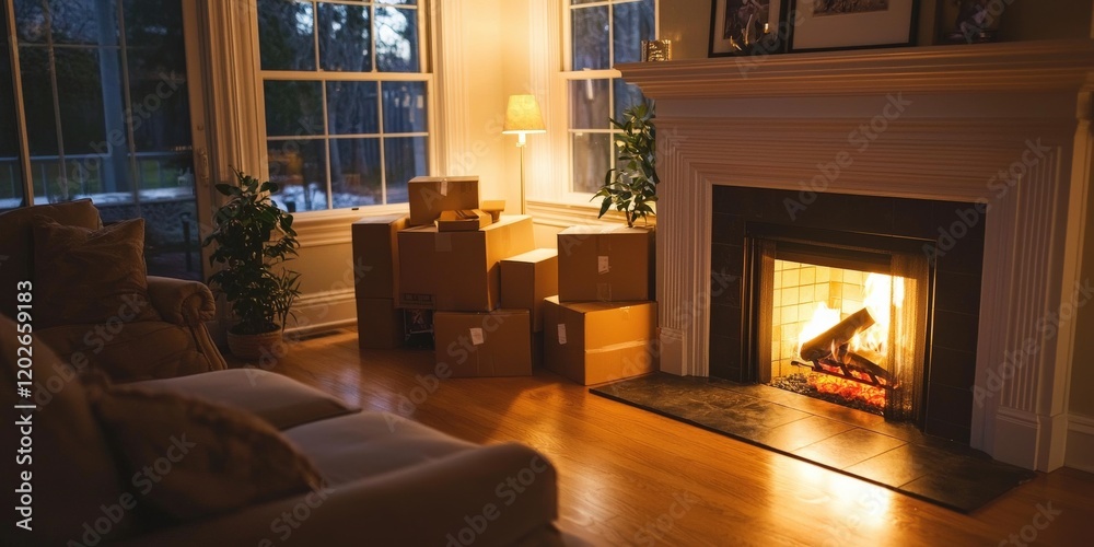 Fototapeta premium A cozy fireplace in a new living room, with unpacked boxes and family photos nearby,