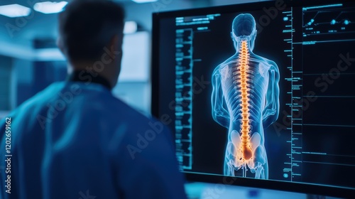 A medical professional examines a digital spine imaging scan, highlighting the vertebrae and neural pathways in a clinical environment.
