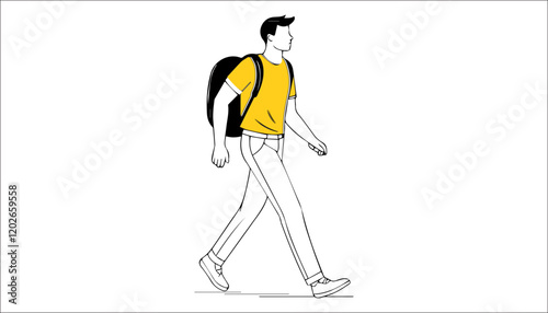 Young man walking on white background. Vector illustration in flat style.