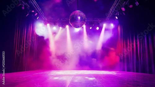 A dimly lit stage with a pink disco ball and vibrant spotlights, creating a lively and energetic party atmosphere, 4k video footage	

